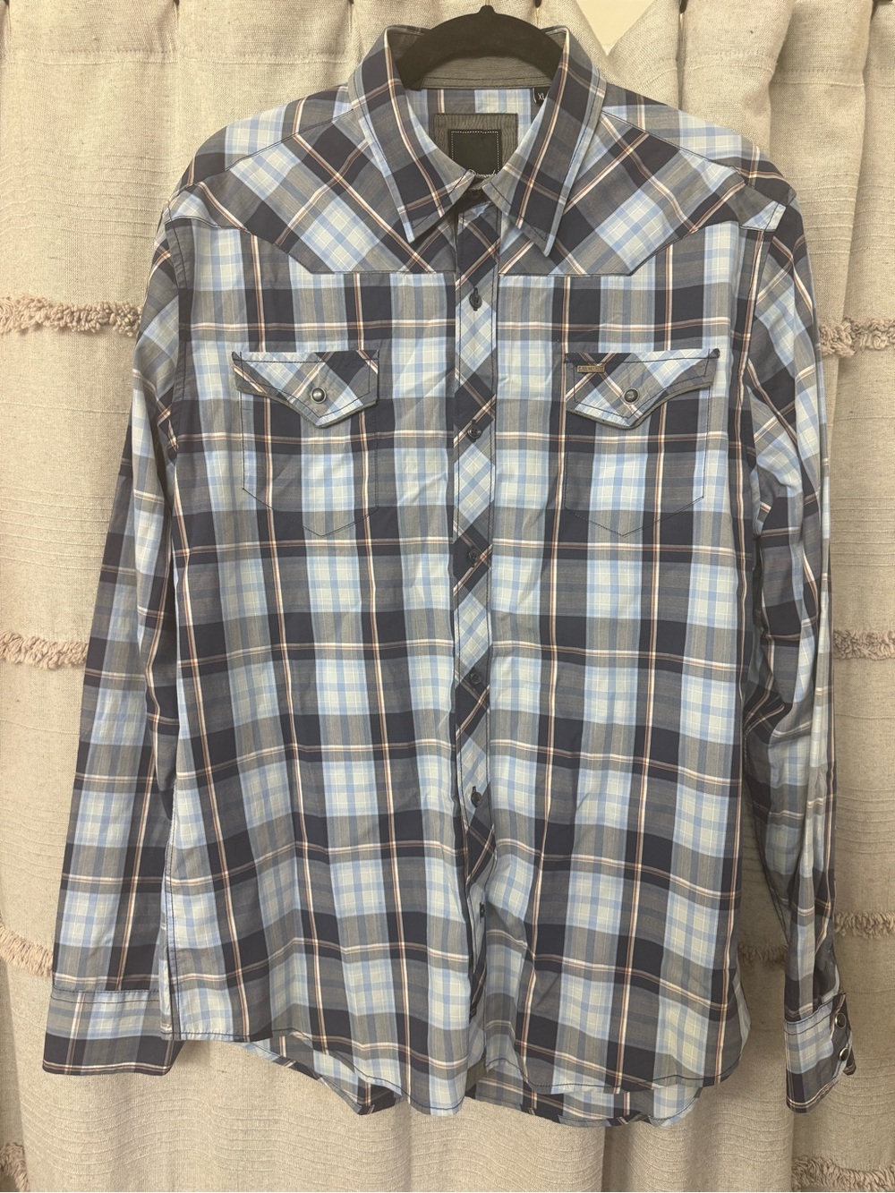 7 Diamonds Men's Western Blue Plaid Long Sleeve Pearl Snap Western-SIZE XL